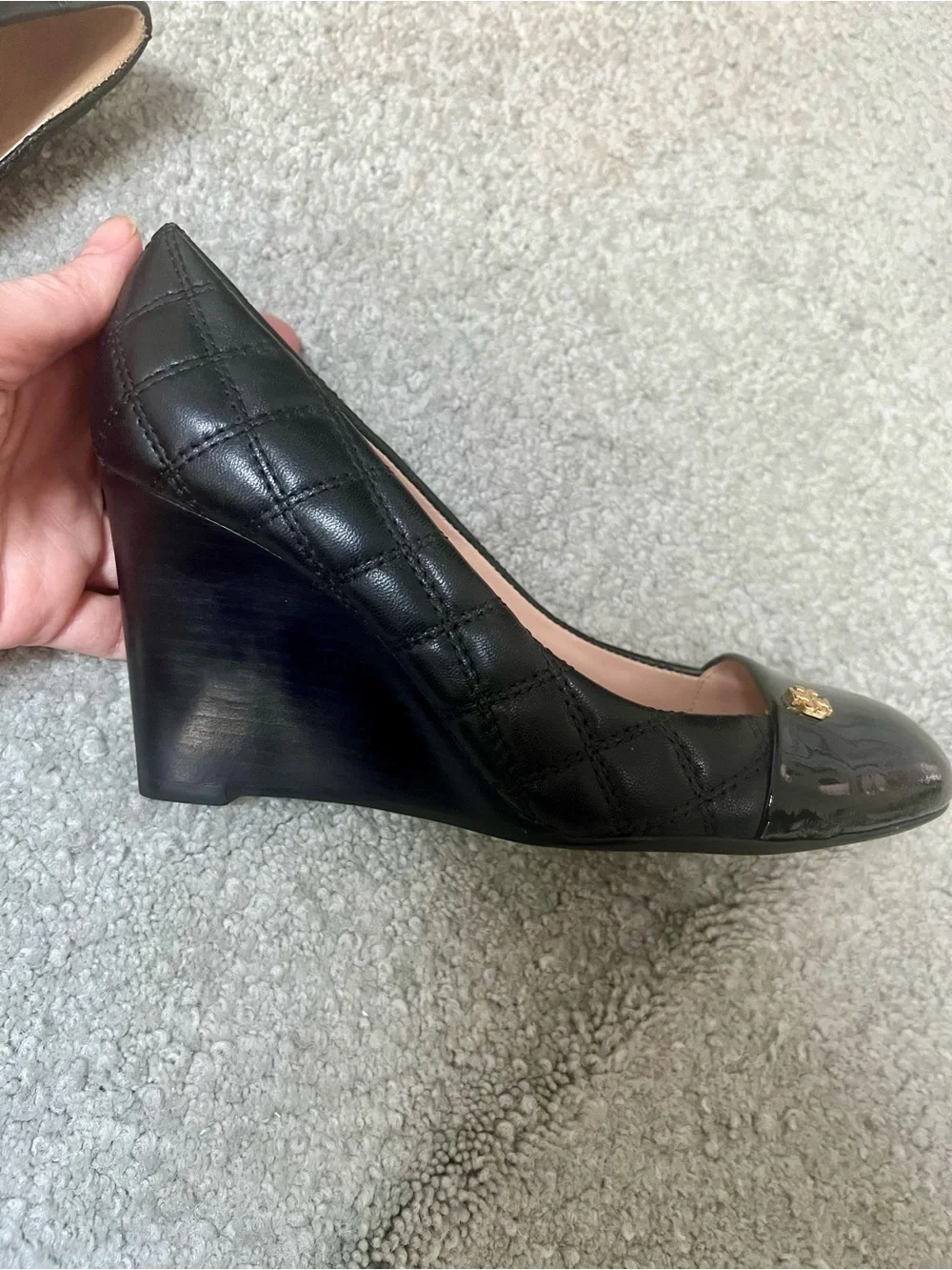 Tory Burch Quilted Patent Cap-Toe Wedge Pumps-Black- 8M